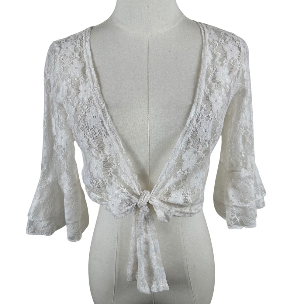 White Lace Bolero Shrug Womens L Tie Front Coquette Fairycore Romantic Boho